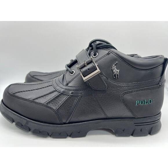 Polo Ralph Lauren Dover III Black Leather Lace Up Buckle Boots Men’s Size 14D - Picture 2 of 16